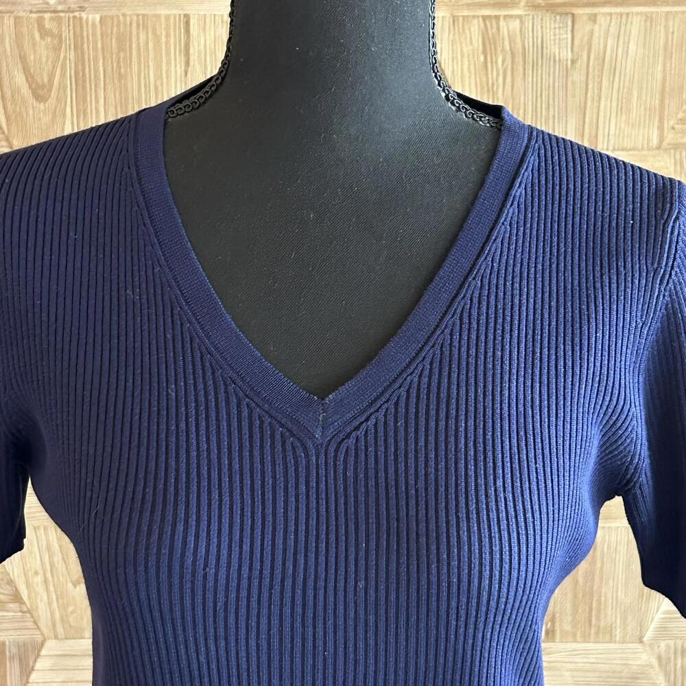 Womens Short Sleeve Navy Blue Ribbed V-Neck Top Lightweight Office S/M